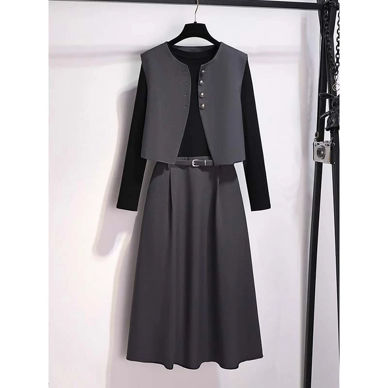 【两件套】【送腰带】【有里布】西装马甲连衣裙女春秋套装穿搭D3836
