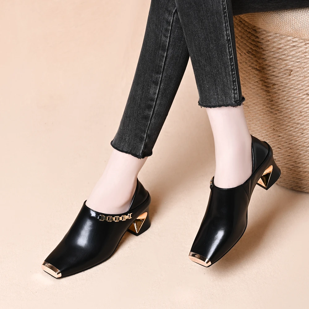 方头铁包尖深口粗高跟春秋季新款时尚外穿防踢设计软皮一脚蹬单鞋