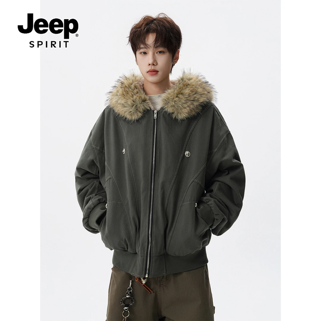 JEEPSPIRIT美式可拆卸毛领棉服男冬60男男男菱形格刺绣男棉服