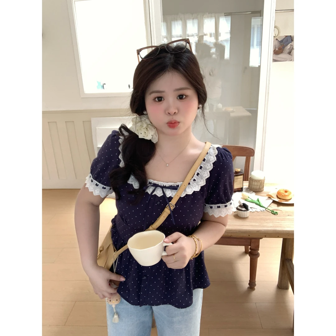 【夜阑蝶影】大头婷微胖夏季花边方领波点收腰短袖上衣