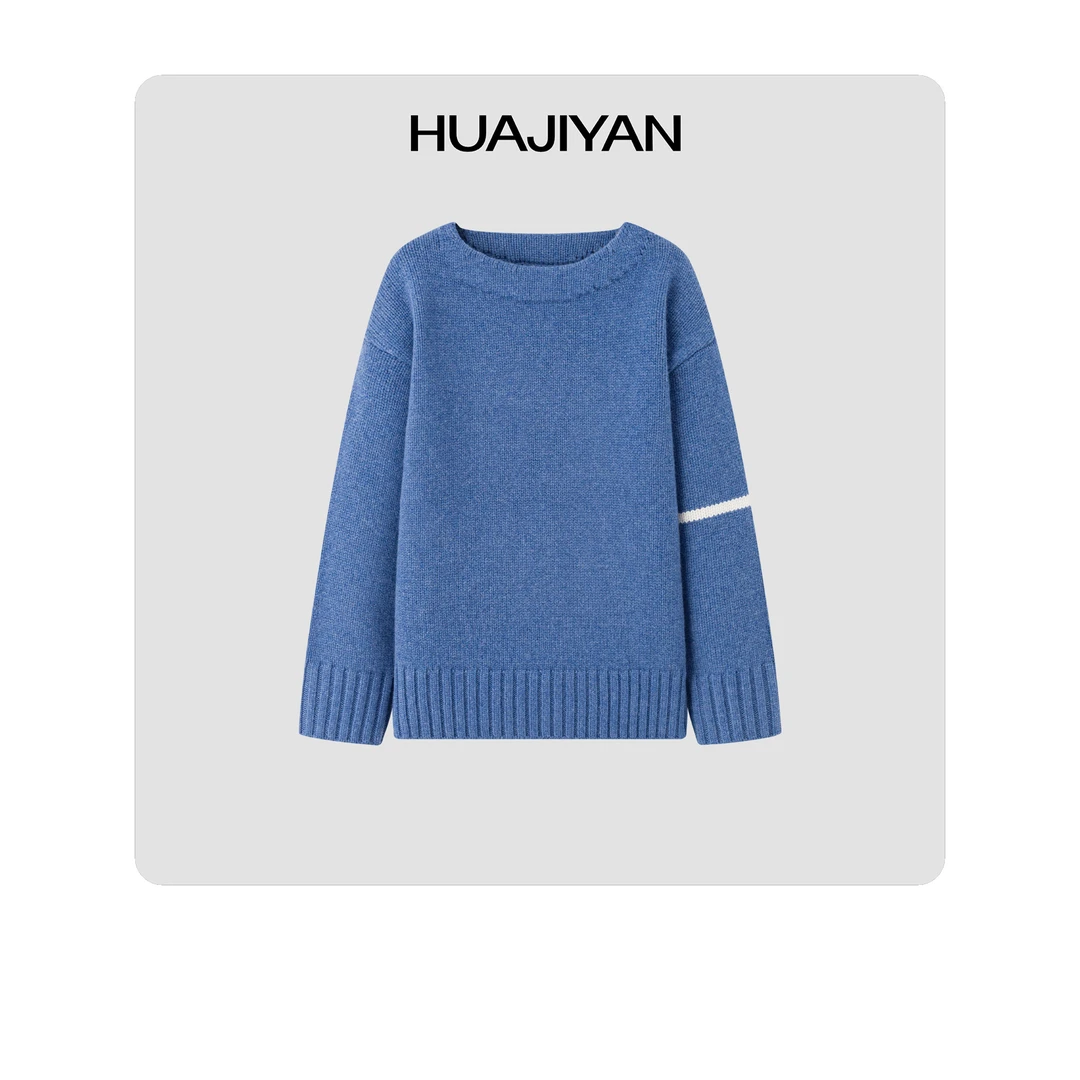 华吉言/HUAJIYAN【航线】100羊毛针织撞色设计套头上衣毛衣