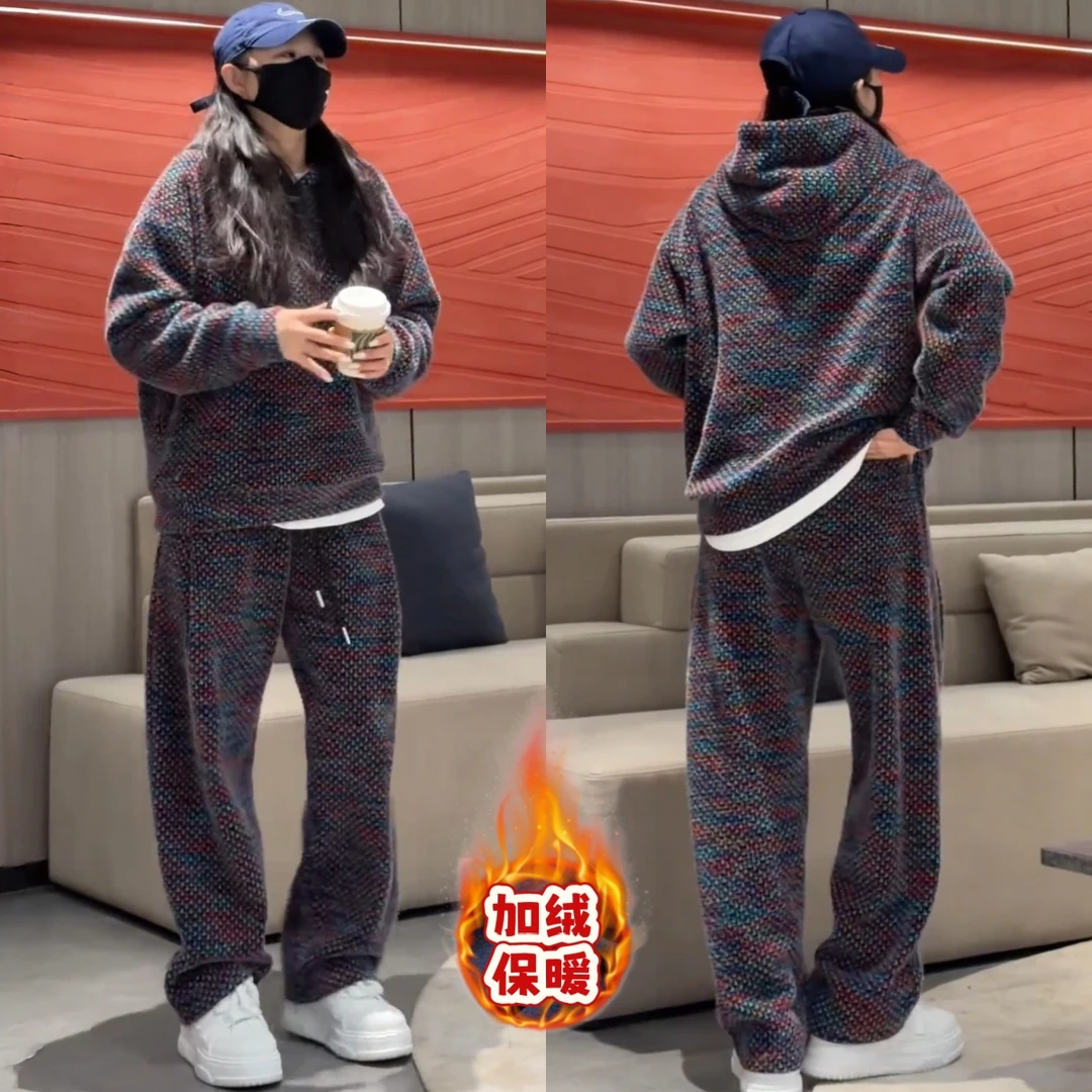 语乐冬季新款加绒厚款雪花绒面彩色针织连帽卫衣卫裤保暖时尚套装