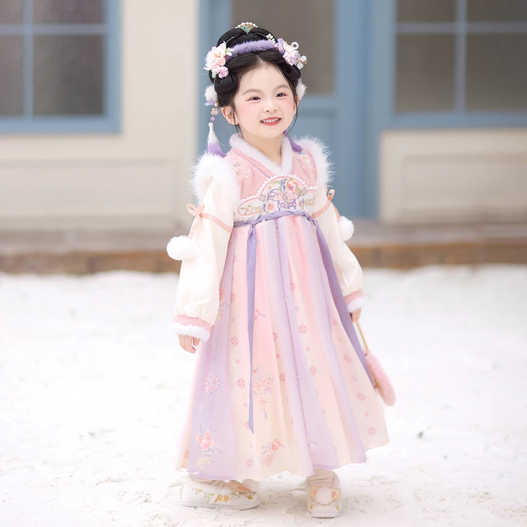 古月家.颜冉 汉服女童冬儿童古风仙气加绒连衣裙女宝表演公主襦裙