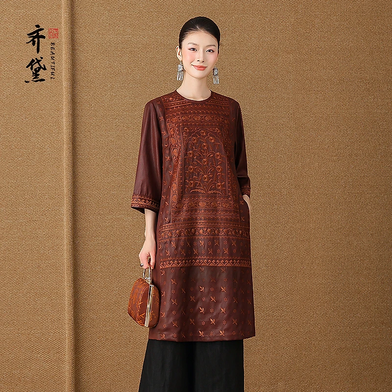 齐黛新中式香云纱上衣女2025秋季新款中袖红云纱复古真丝中长款裙