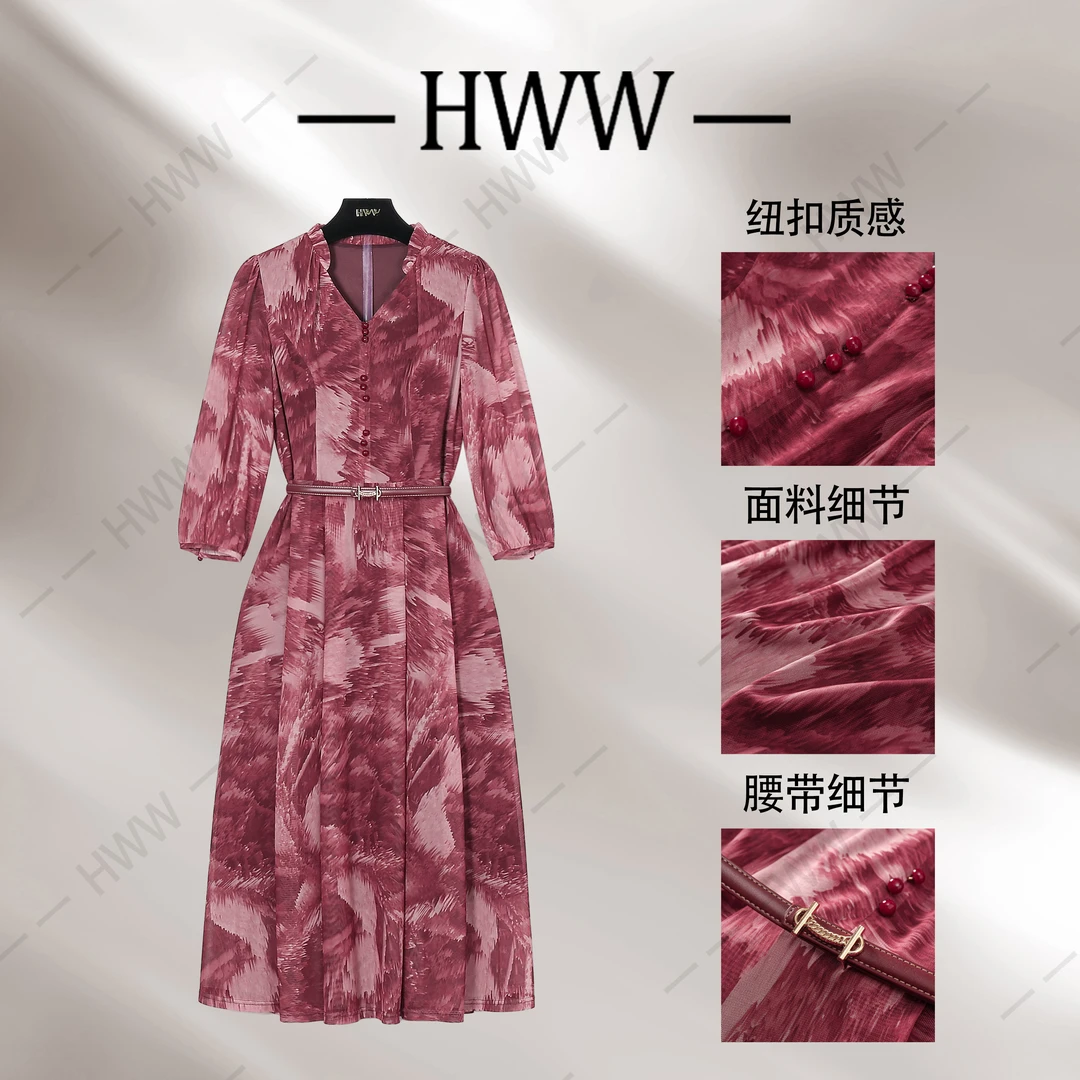 【乐乐】赫尔温设计款枫叶红时尚收腰显瘦连衣裙DHZLW50744