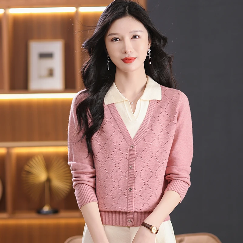 秋季针织假两件上衣女洋气时尚外穿翻领毛衣妈妈显瘦秋冬季打底衫
