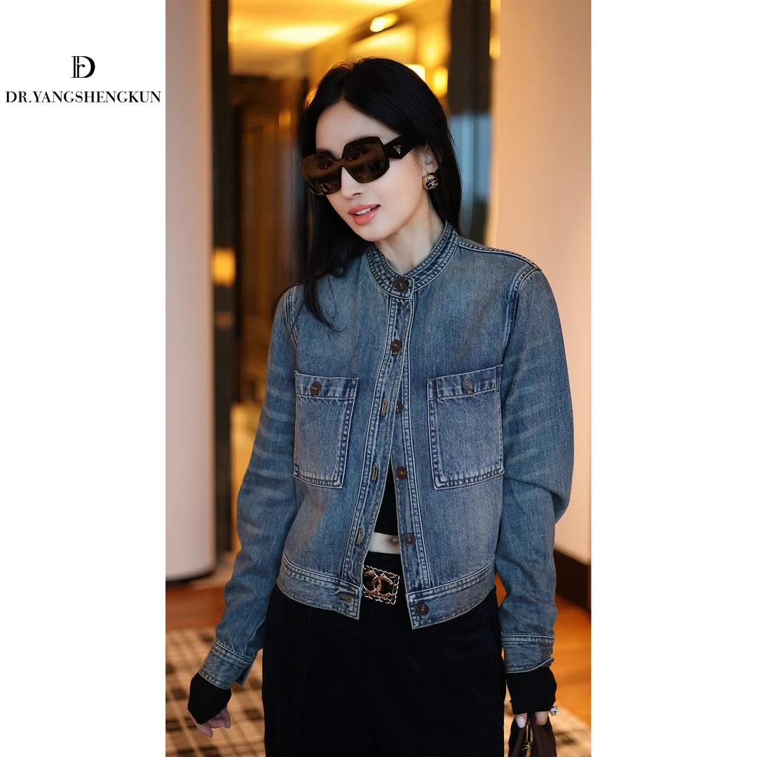杨圣坤2025秋季新品女士复古水洗宽松百搭立领牛仔外套SL258405