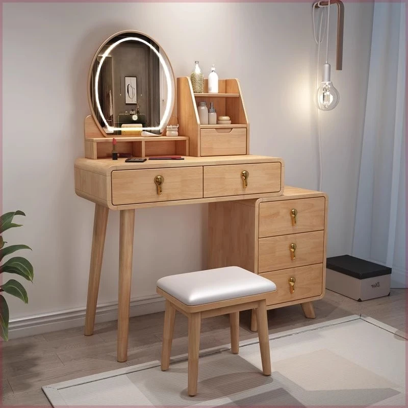 桌面带灯带设计简约梳妆台化妆台实木化妆桌家用置物边柜带收纳