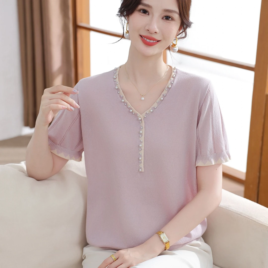 2025新款中年妈妈夏装时尚洋气上衣50岁中老年女冰丝短袖T恤小衫