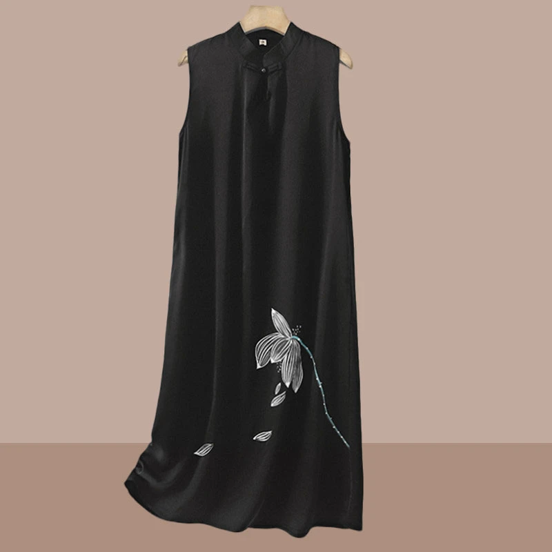 无袖旗袍式连衣裙2025夏时尚新款手绘高雅国风女文艺复古中式长裙