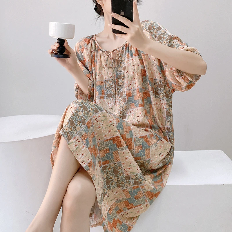 睡衣纯棉薄款夏季女长裙短袖绸睡裙时尚女装碎花宽松印花连衣裙