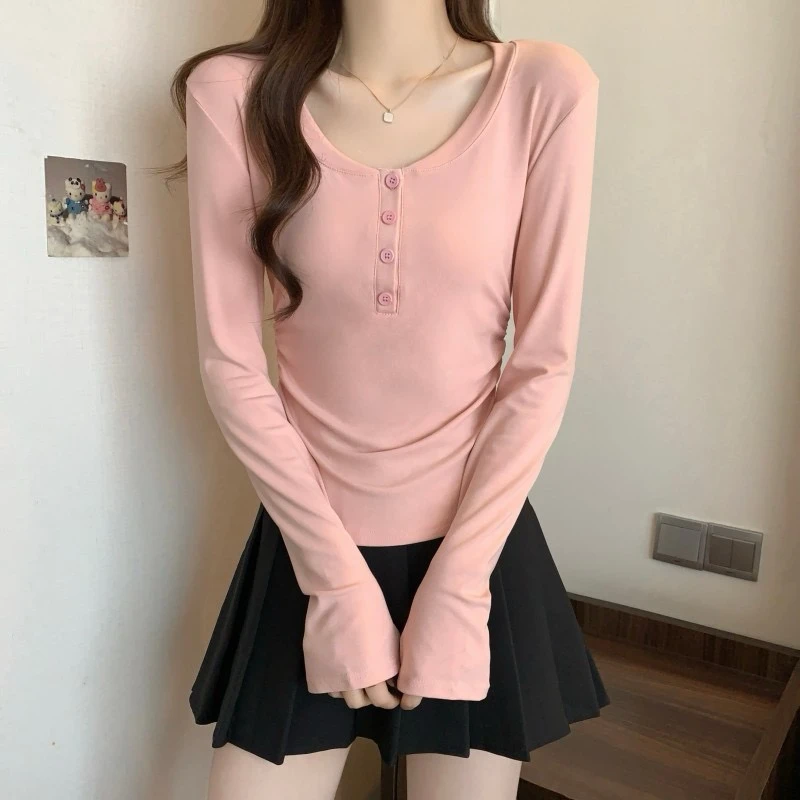 圆领开扣纯色长袖收腰套头上衣T恤2025春季新款大码胖mm百搭显瘦