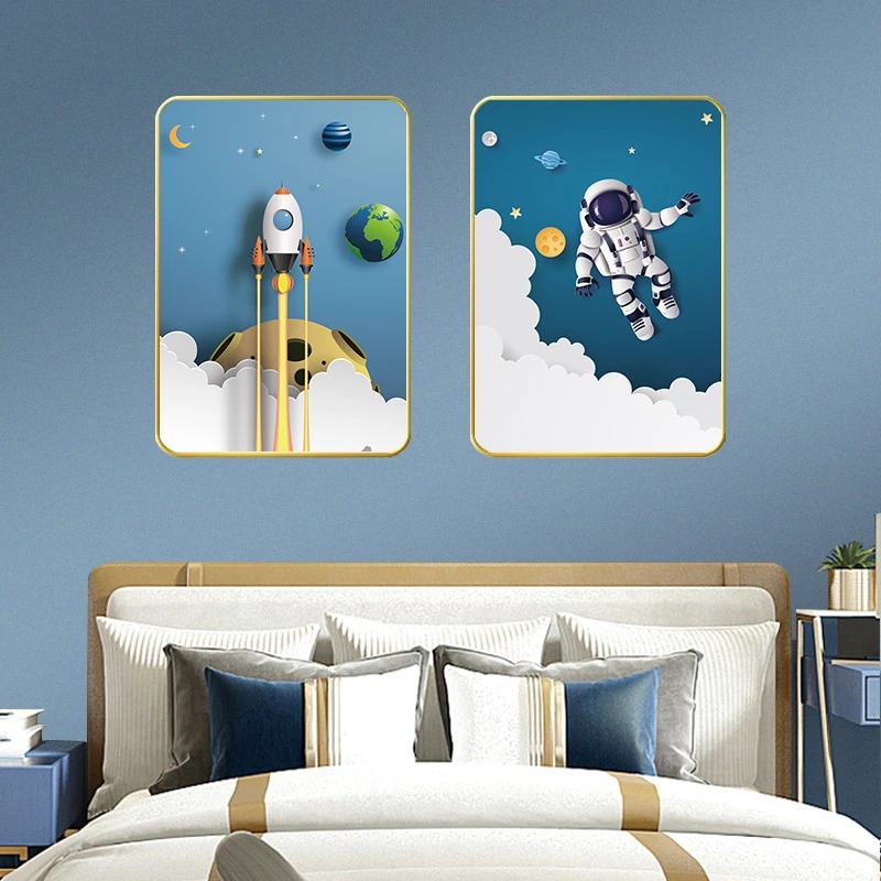 S97儿童房卧室床头画装饰画太空人男孩房间壁画两联挂画
