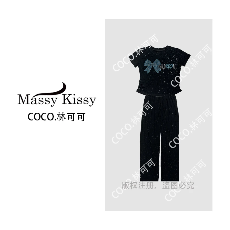 【COCO 林可可】设计感减龄气质烫钻百搭休闲短袖套装女