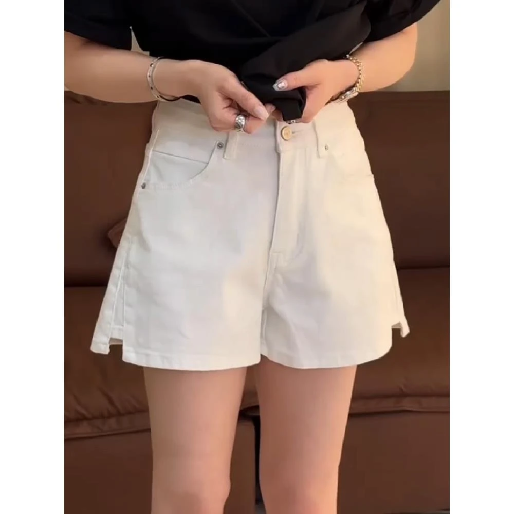 大码女装2025夏季高腰弹力开叉牛仔短裤胖mm遮胯显瘦a字阔腿热裤