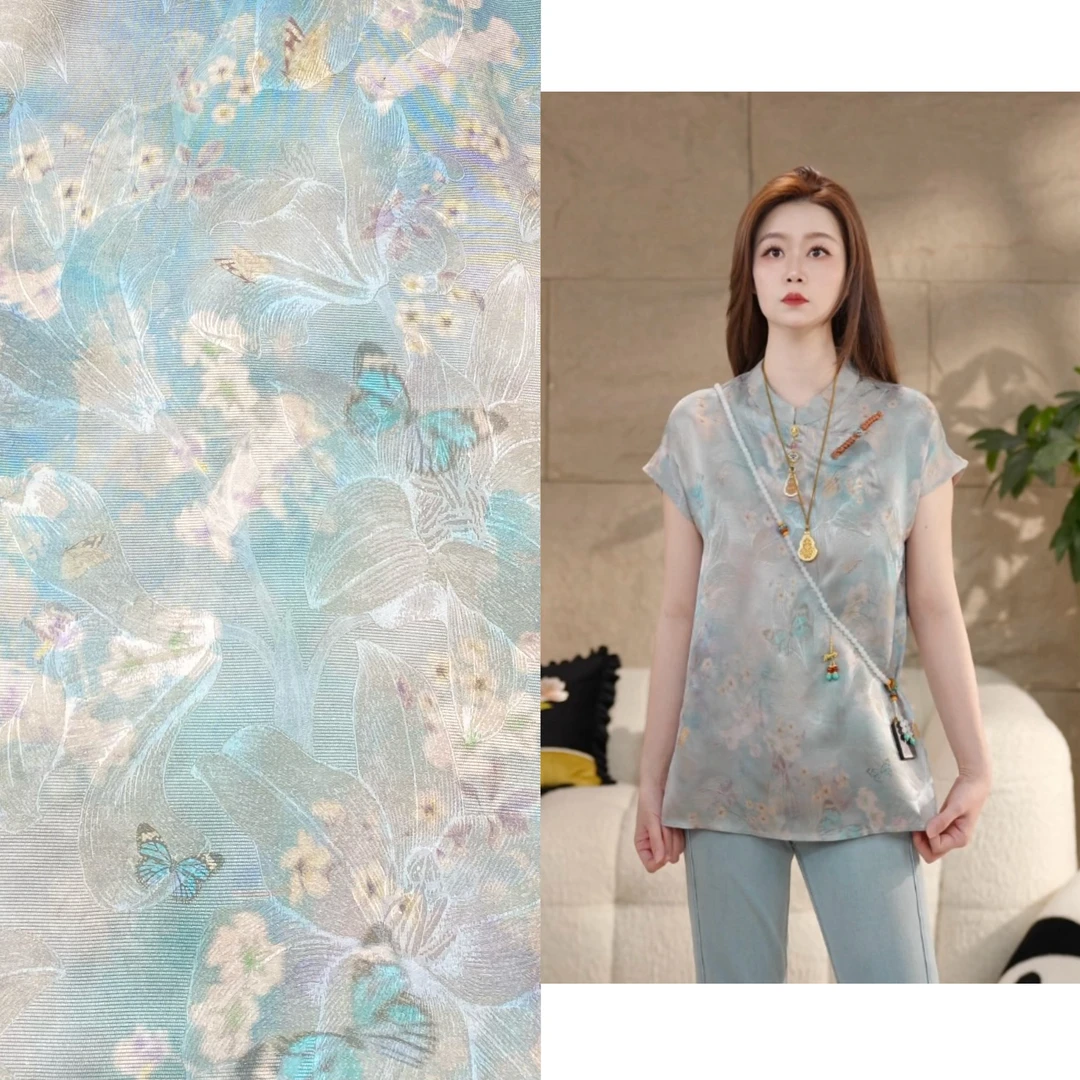 Miss.Z【蓝金蝴蝶短袖】夏季花萝人丝新中式斜襟盘扣衬衣#c6073