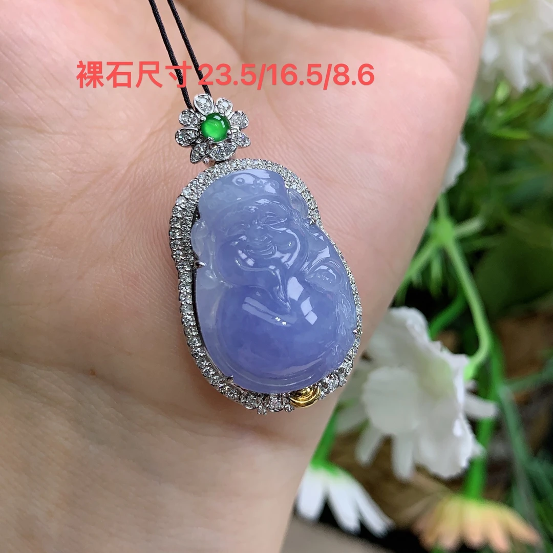 缅甸天然翡翠A货玉石18k冰胶紫罗兰财神吊坠奋尺寸35.5/20/14mm