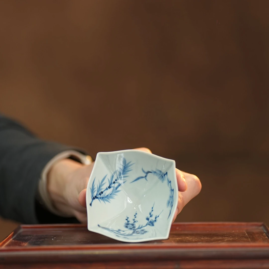 元邑丨陶瓷松竹梅四方杯80ML景德镇瓷器纯手工手绘茶杯礼盒茶具