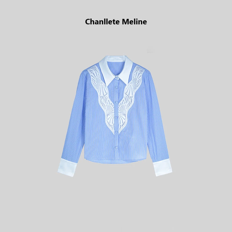 【Chanllete Meline】“冰雪女王”100棉蕾丝拼接条纹衬衫CMCC-9723
