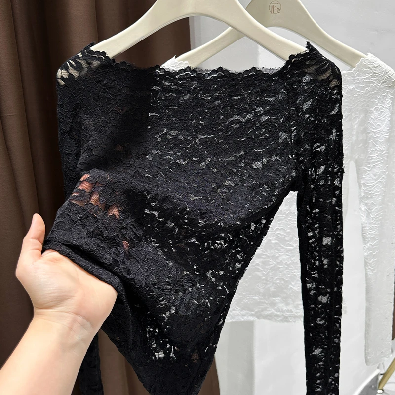 一字领蕾丝上衣春秋高级感洋气露锁骨一字领黑色性感修身打底衫女