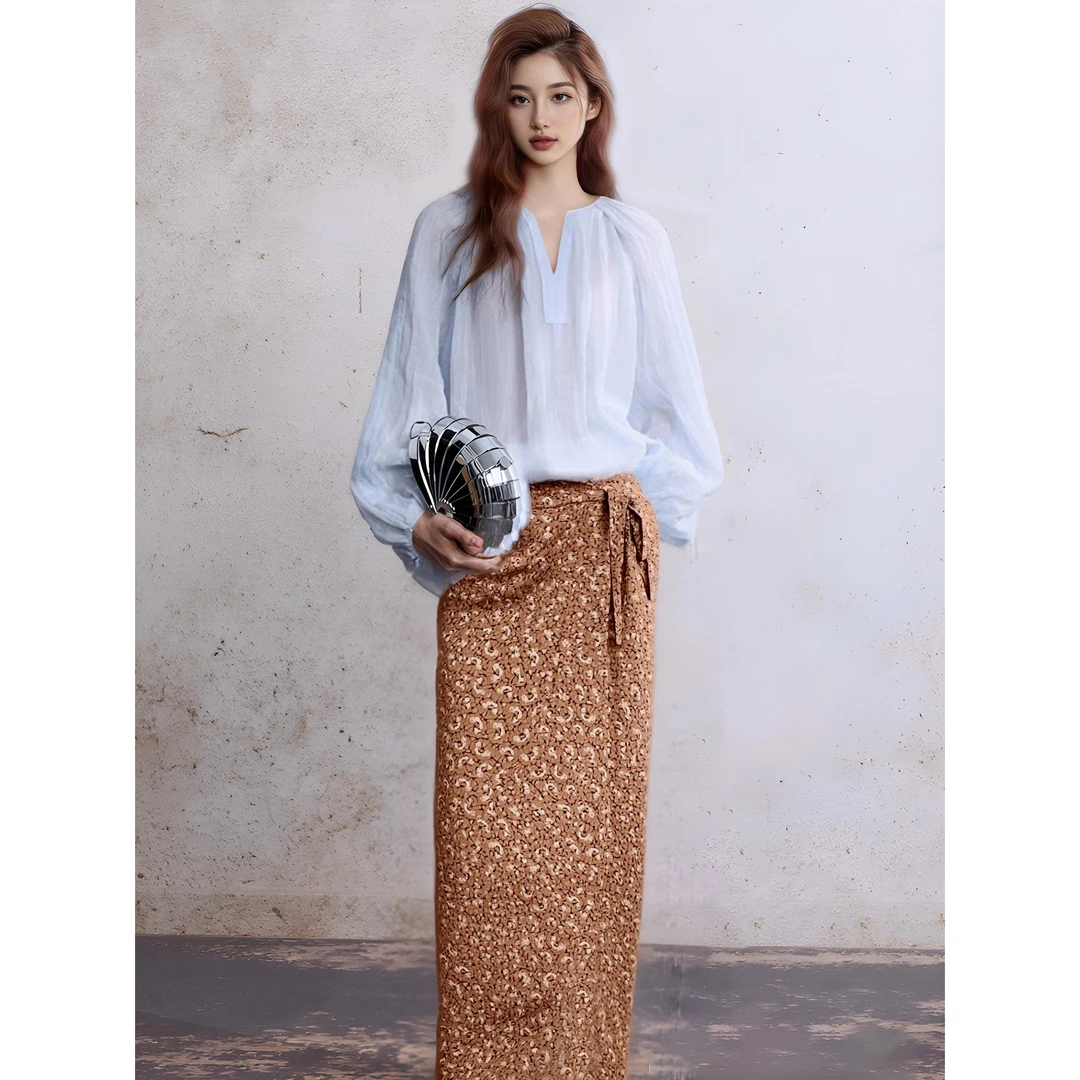 parkyeon法式小香风v领泡泡袖长袖衬衫上衣通勤碎花半身裙两件套