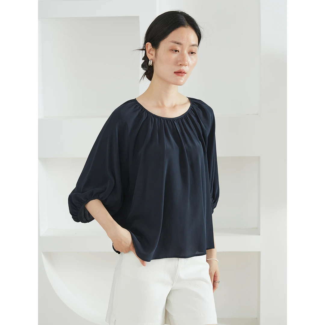 真丝双绉蝙蝠袖圆领七分袖T恤休闲上衣100%桑蚕丝灯笼袖夏SYC027