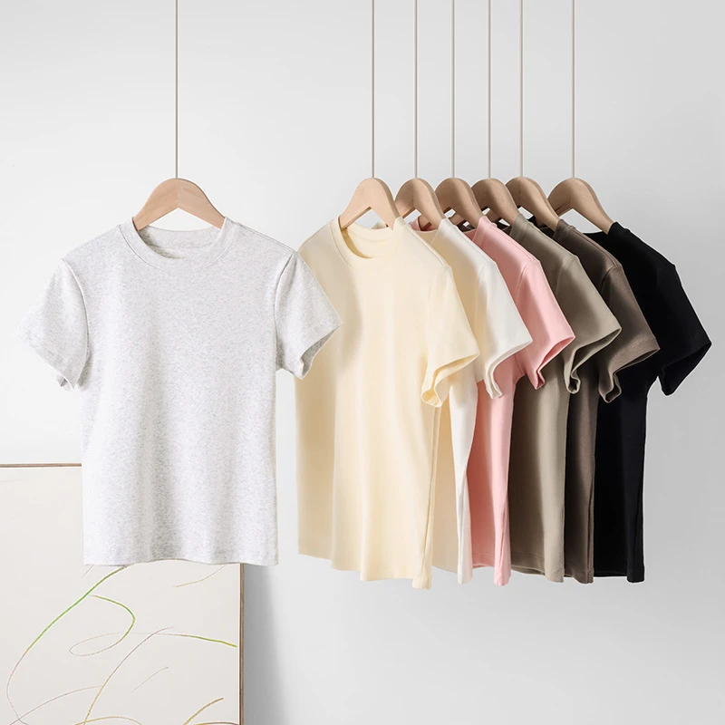 正肩短袖恤女法式圆领夏季短款弹力修身辣妹风显瘦短上衣女