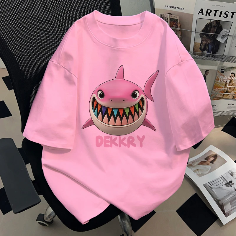 Dekkry夏季粉色纯棉t恤男女款短袖潮牌趣味鲨鱼印花情侣半袖上衣