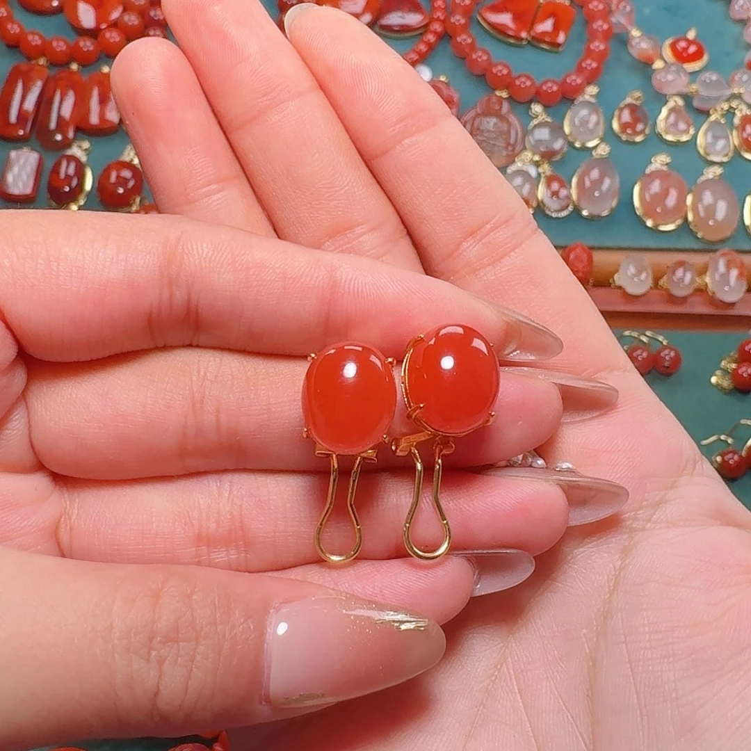 南红玛瑙银S925镶嵌耳饰