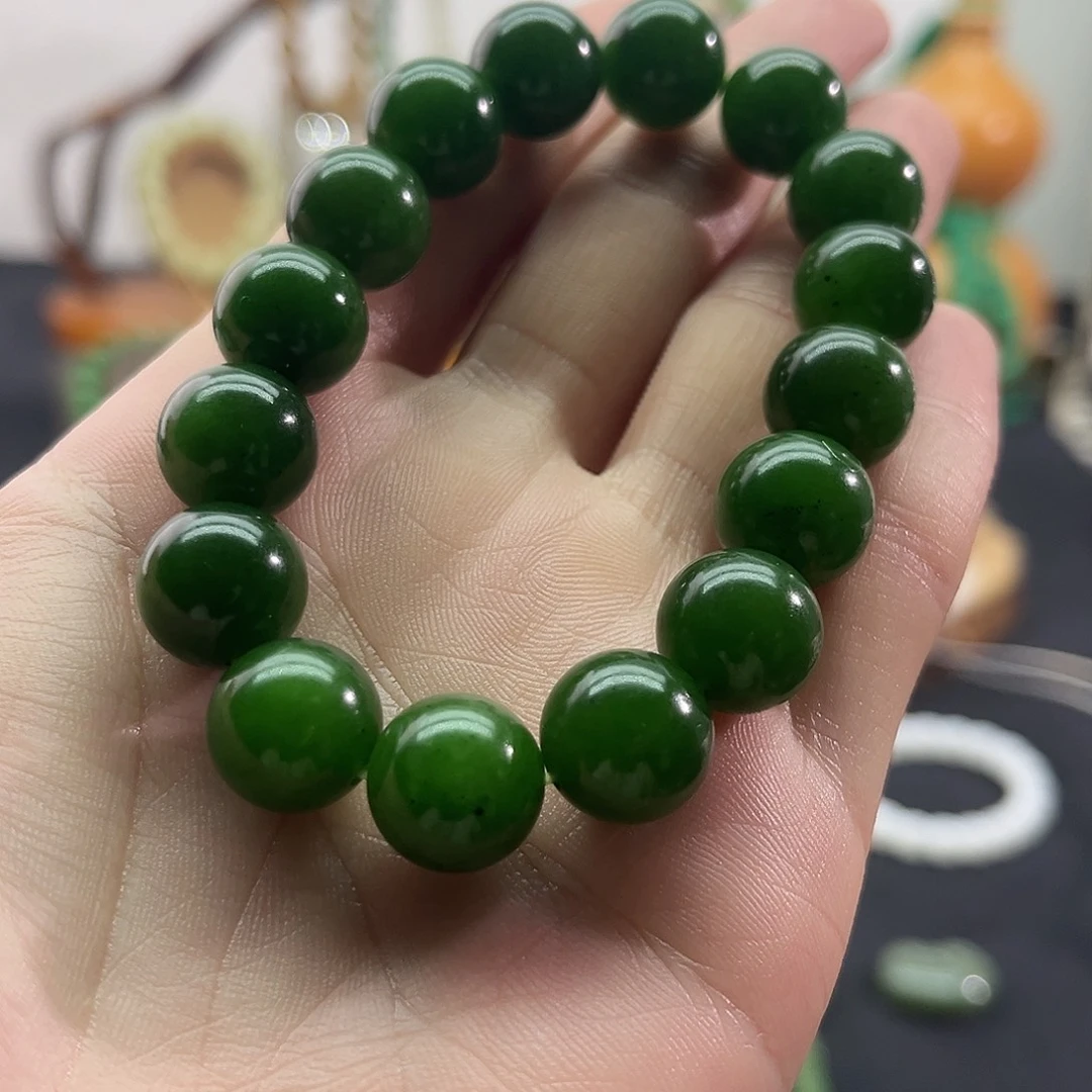 和田玉未镶嵌颈饰俄碧-菠菜绿手串-13mm