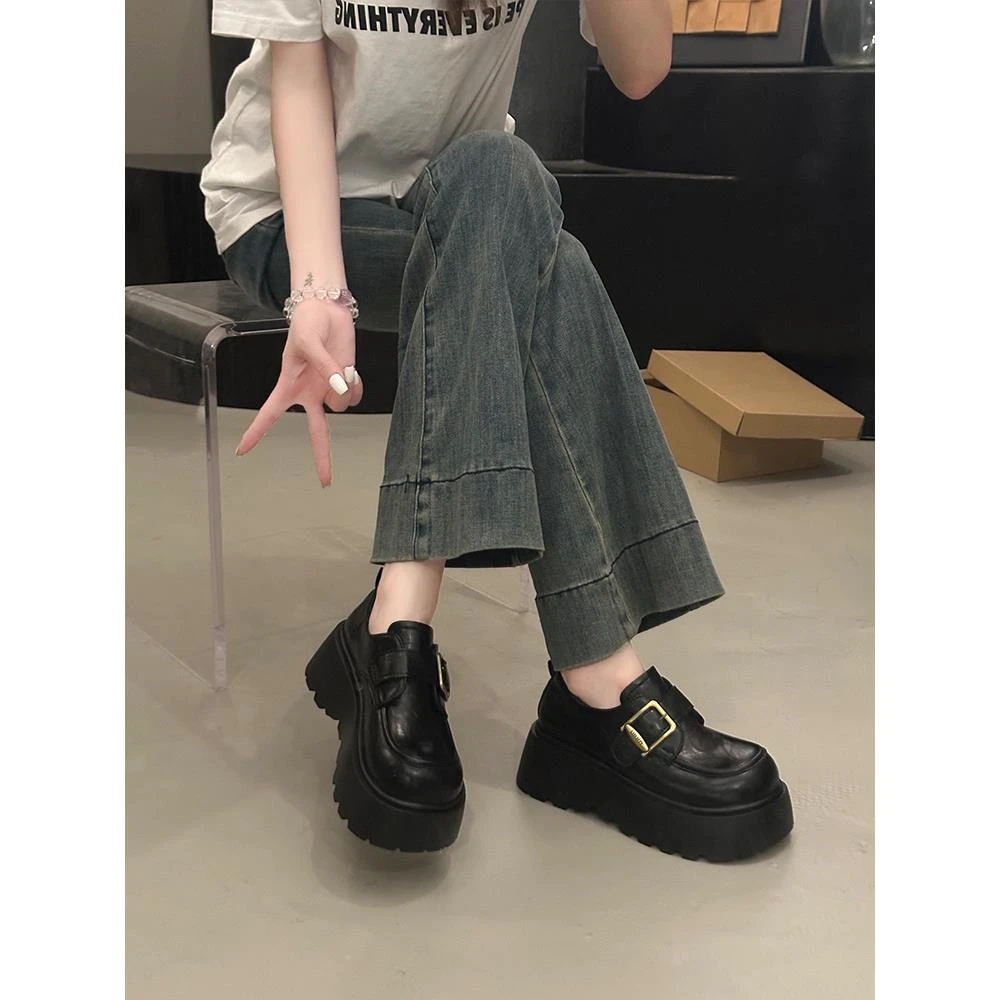 7cm厚底增高乐福鞋女2025春秋季新款平底单鞋百搭英伦松糕小皮鞋