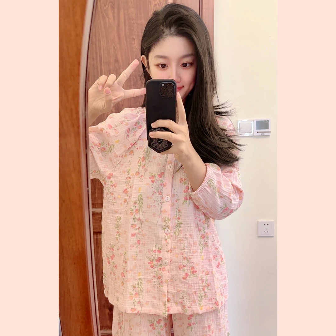 秋季新款纯棉婴儿棉纱开衫睡衣家居服套装