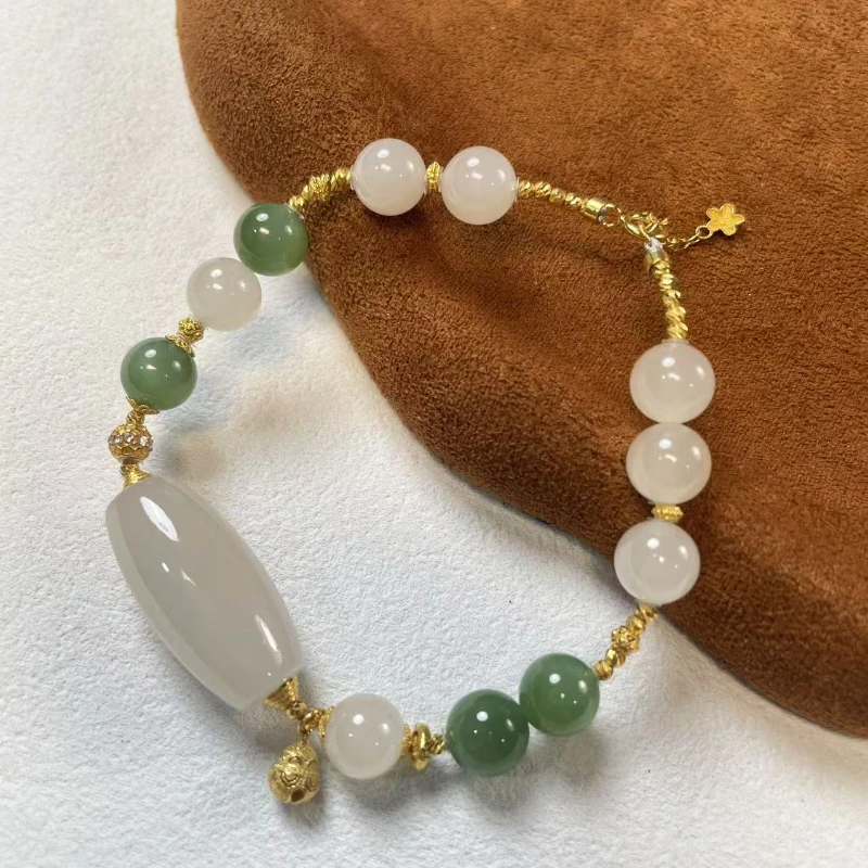 珠联帮【18K】和田玉（藕粉）橄榄珠+0.8粉青金手链手串