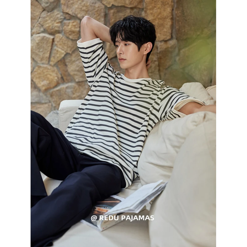 【柔软棉】热妒睡衣男春夏季可外穿套头男士短袖长裤条纹家居服套装