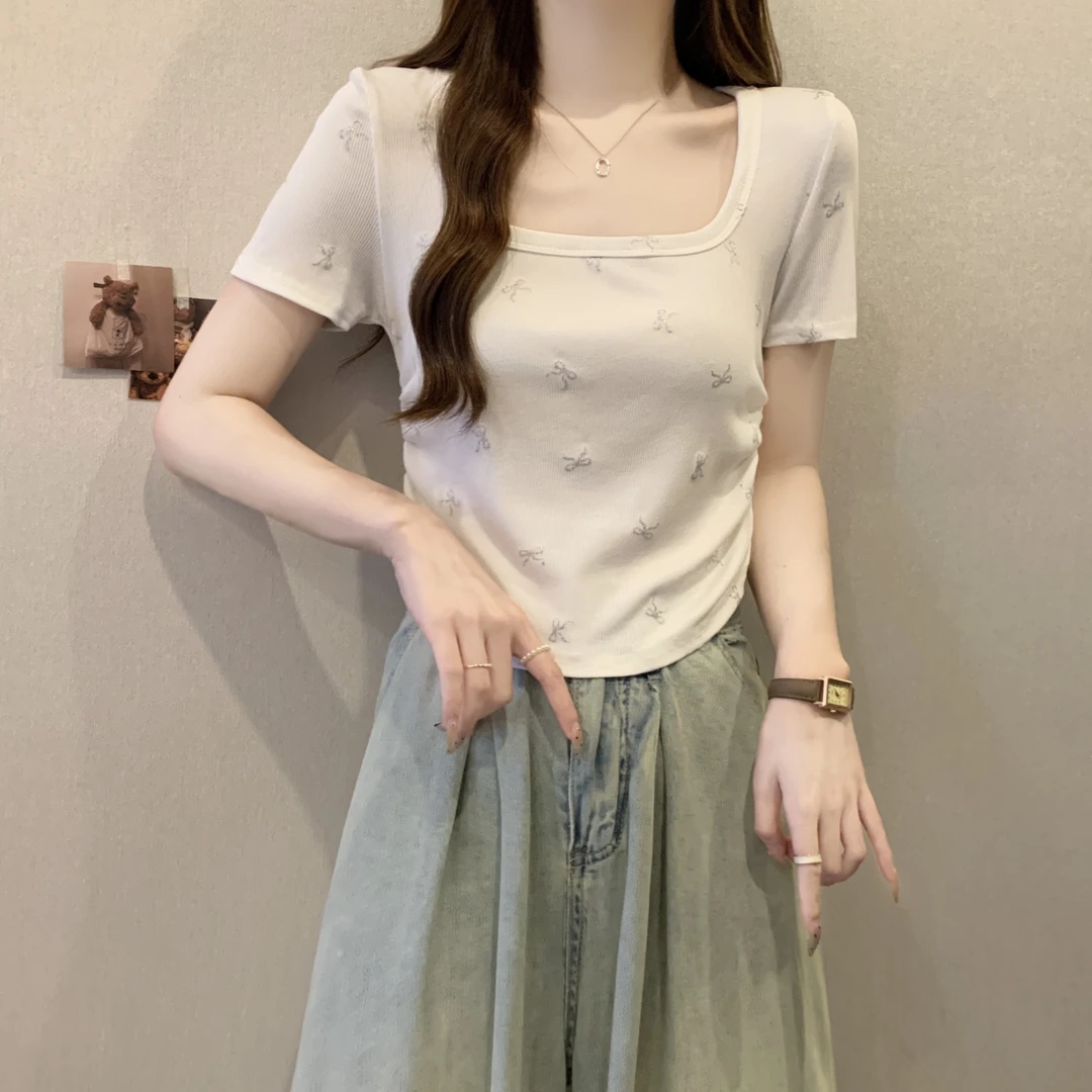 蝴蝶结方领正肩短袖T恤女夏季大码微胖mm收腰洋气小衫不规则上衣