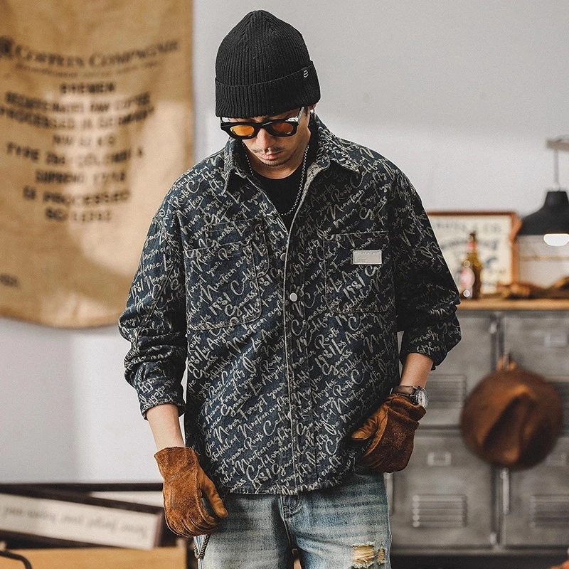 高级设计感美式提花牛仔衬衫男士新款宽松衬衣复古休闲小香风外套