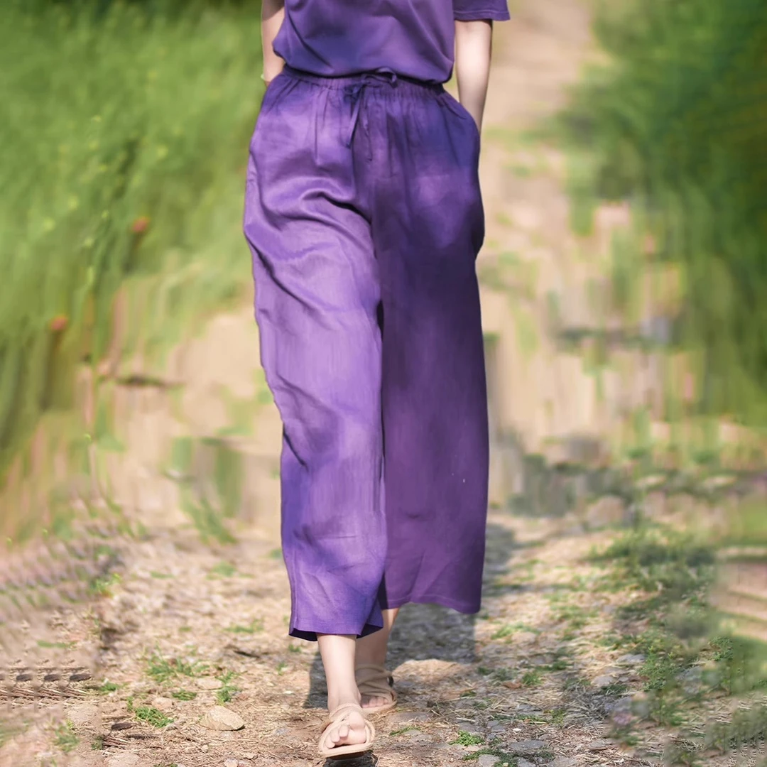 清仓捡漏夏季文艺棉麻紫色直筒裤子女宽松显瘦亚麻百搭休闲阔腿裤