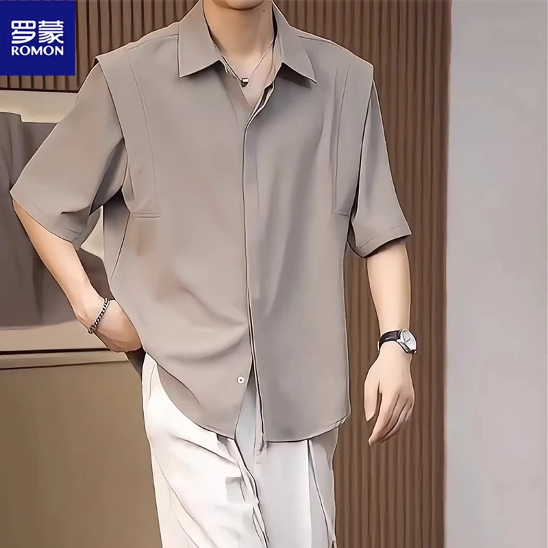 Romon/罗蒙垂感短袖衬衫男夏季时尚半袖上衣潮流纯色免烫中袖衬衣