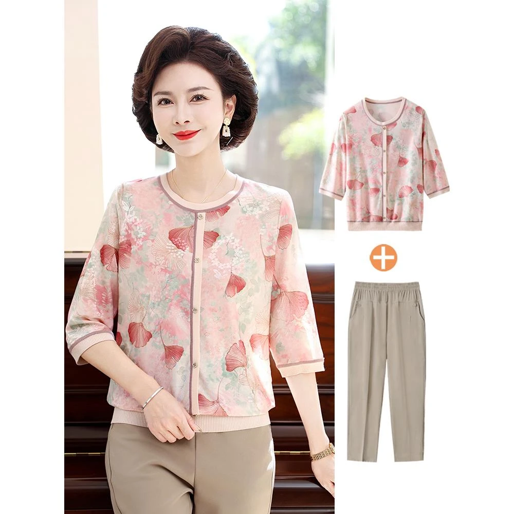 妈妈款七分袖T恤 中年女早秋装洋气中袖上衣50岁60中老年人夏套装