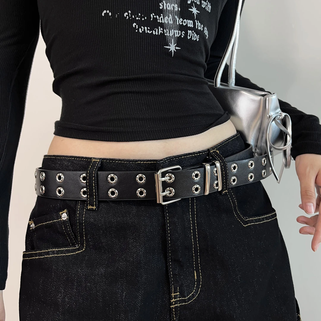 亚文化腰带女y2k朋克百搭千禧年黑色镂空铆钉双排扣全孔皮带辣妹