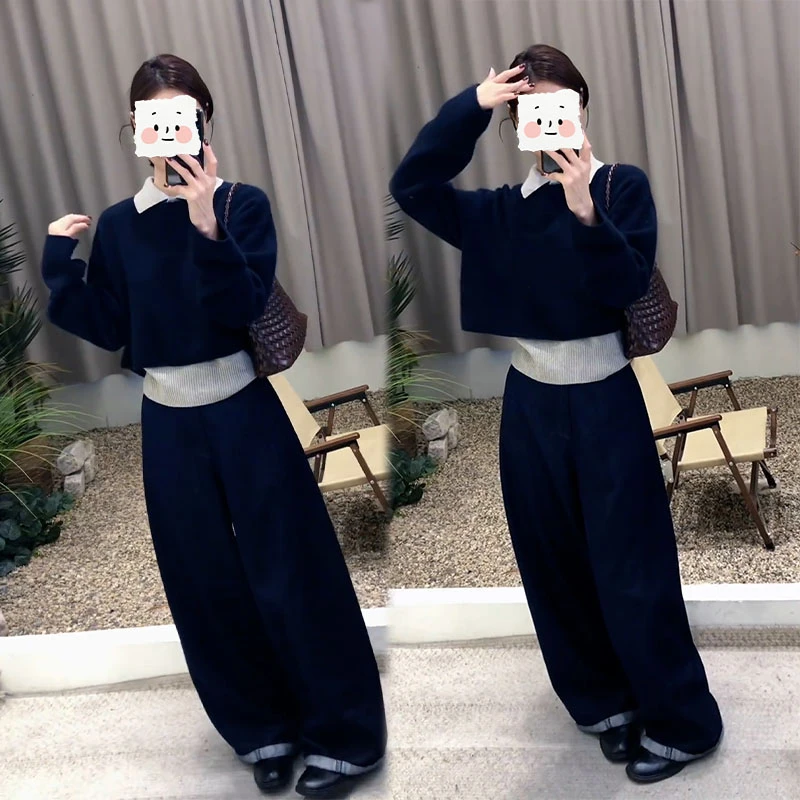 2025秋季新款设计感时尚百搭长袖毛衣内搭背心女休闲阔腿裤三件套