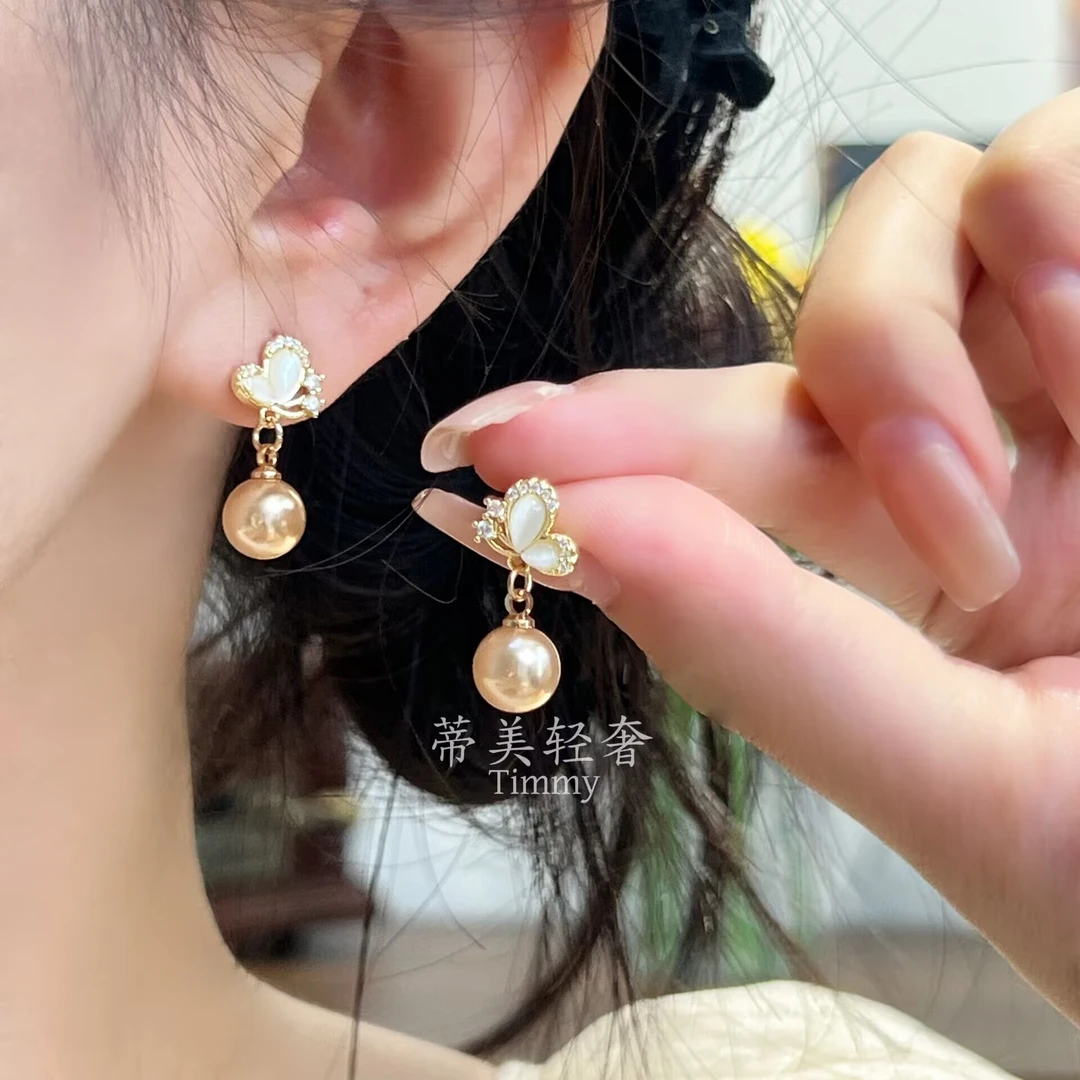 铜合金锆石耳饰 猫眼蝴蝶珍珠耳钉甜美女耳环气质铃铛两戴温柔