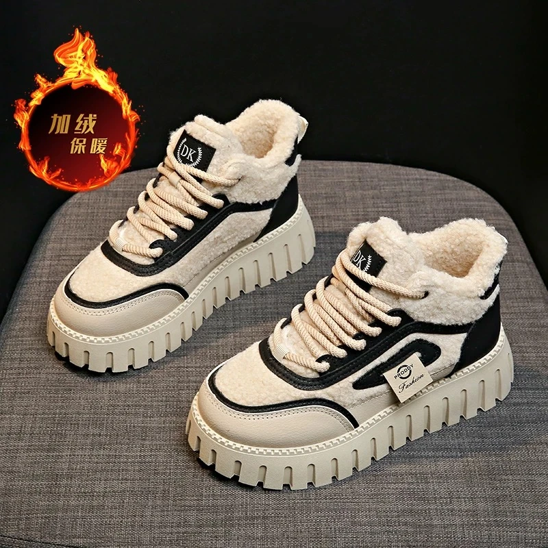 女生秋新款高帮加绒休闲板鞋老爹鞋F353