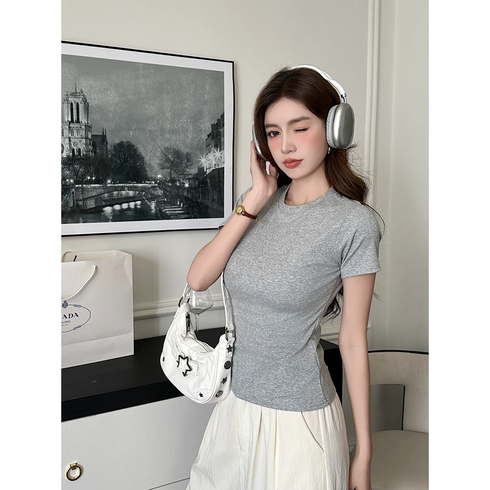 戈缕常规基础款正肩圆领短袖T恤女2025夏季新款修身显瘦百搭上衣