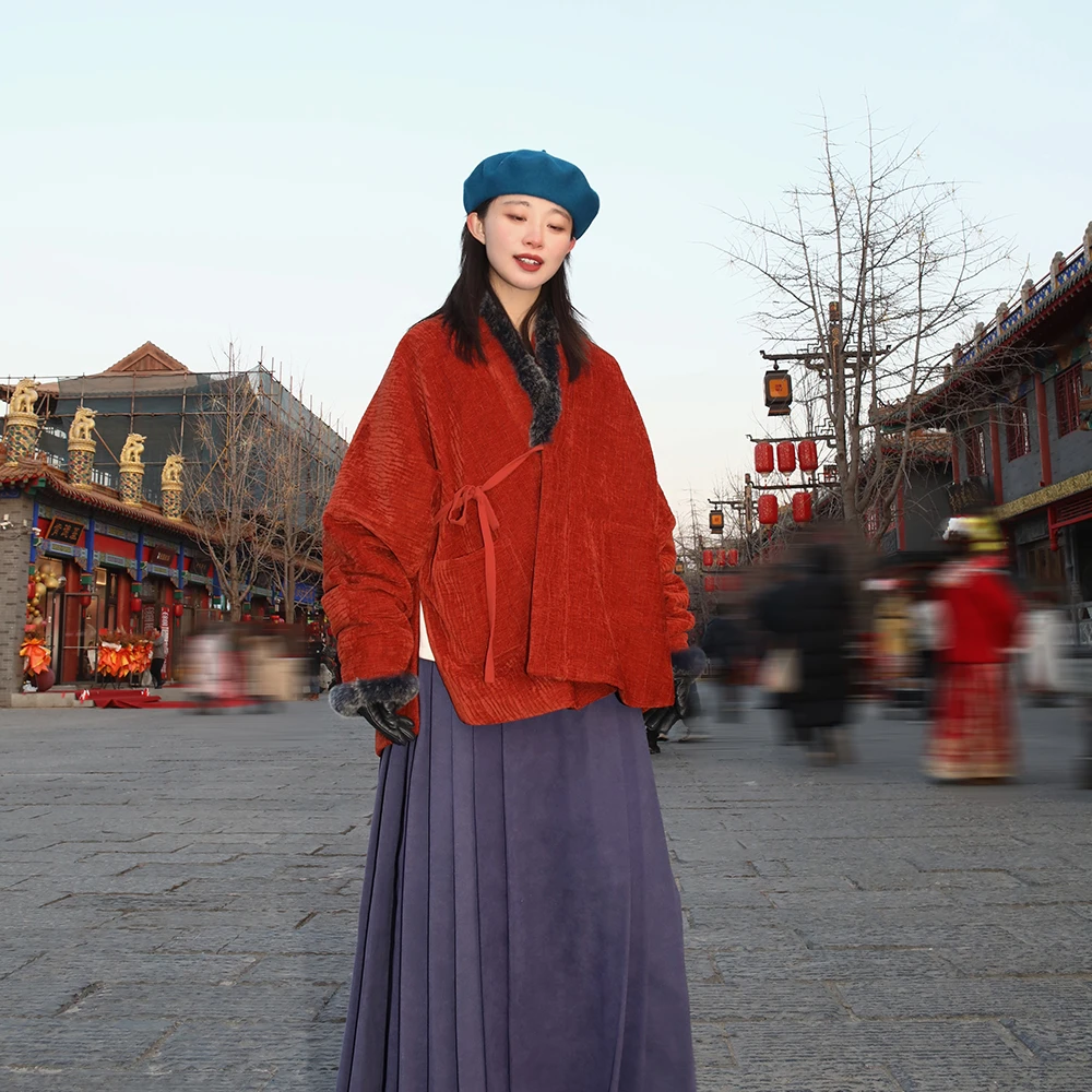 谜阿凰烟霞飞机袖冬款上衣真毛领日常通勤新中式宋制原创汉服外套