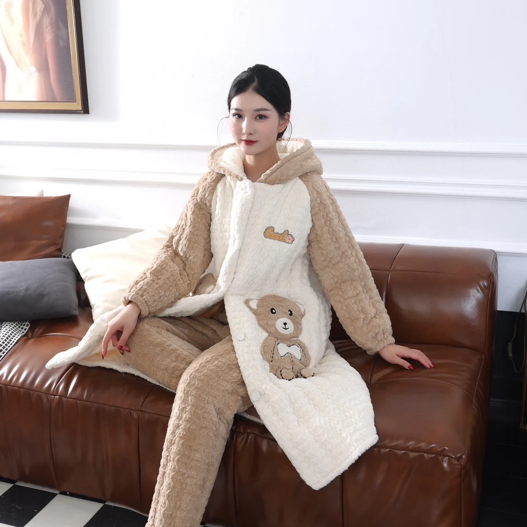 2042冬季加厚加绒三层夹棉珊瑚绒女款睡衣舒适家居服