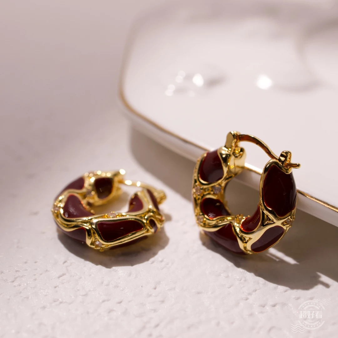 合金耳饰 【美拉德红酒】原创重工小众设计珐琅复古锆石耳环耳饰