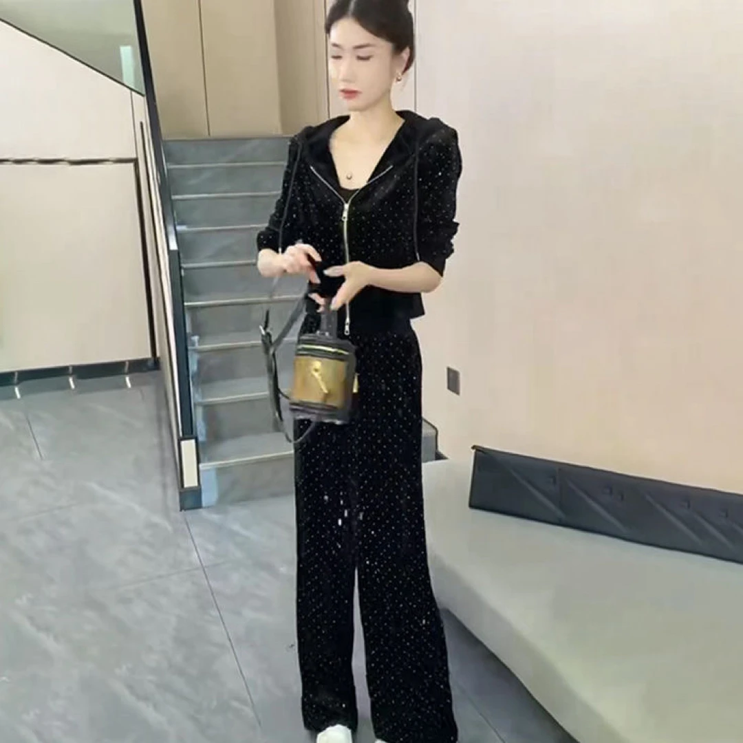 秋季新款时尚显瘦百搭减龄丝绒连帽上衣搭配高腰阔腿裤套装