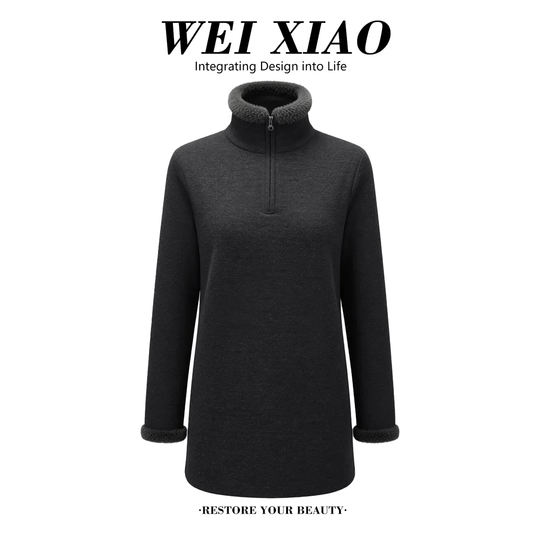 气质毛毛拼接立领套头半拉链保暖打底衫2025冬季新款时尚加绒卫衣