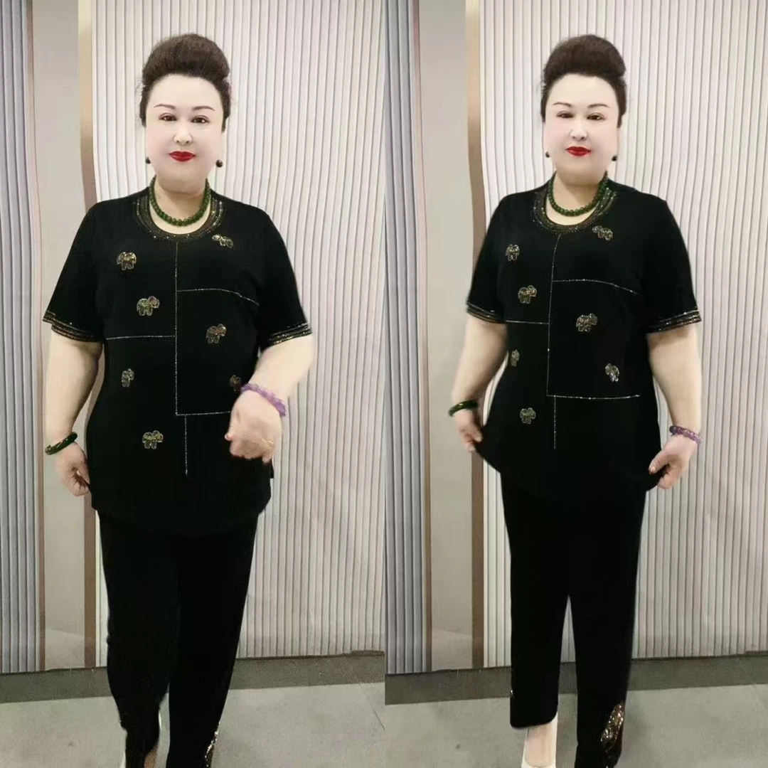 2536夏季新款大码醋酸烫钻半袖